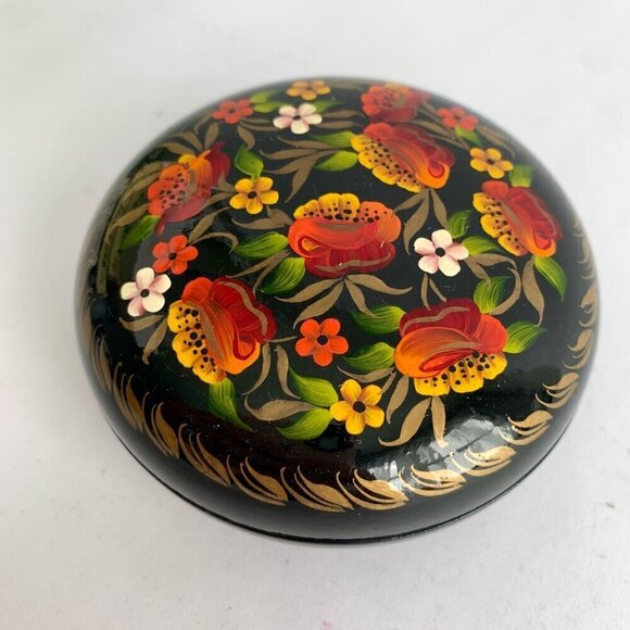 Vintage Ukraine Ukrainian Hand-painted Trinket Bowl Dish Lidded Floral Lacquered - Picture 1 of 5